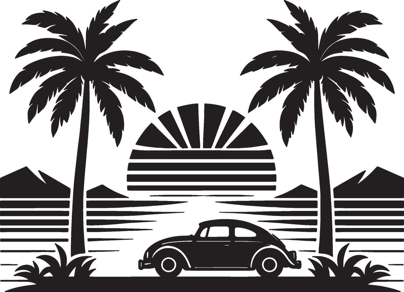 Silhouette of Old Car and Palm Trees on a Beach vector