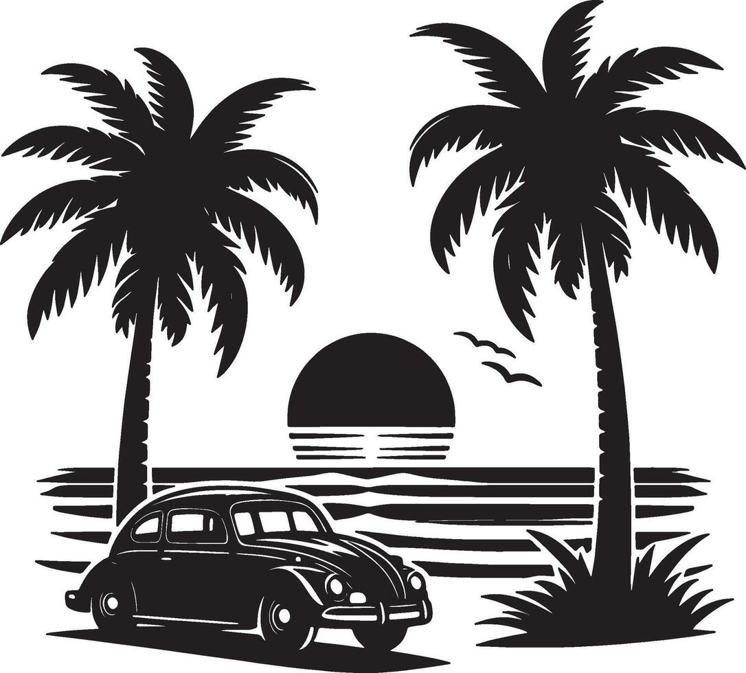 Car Parked Under Palm Trees on a Sunny Beach vector