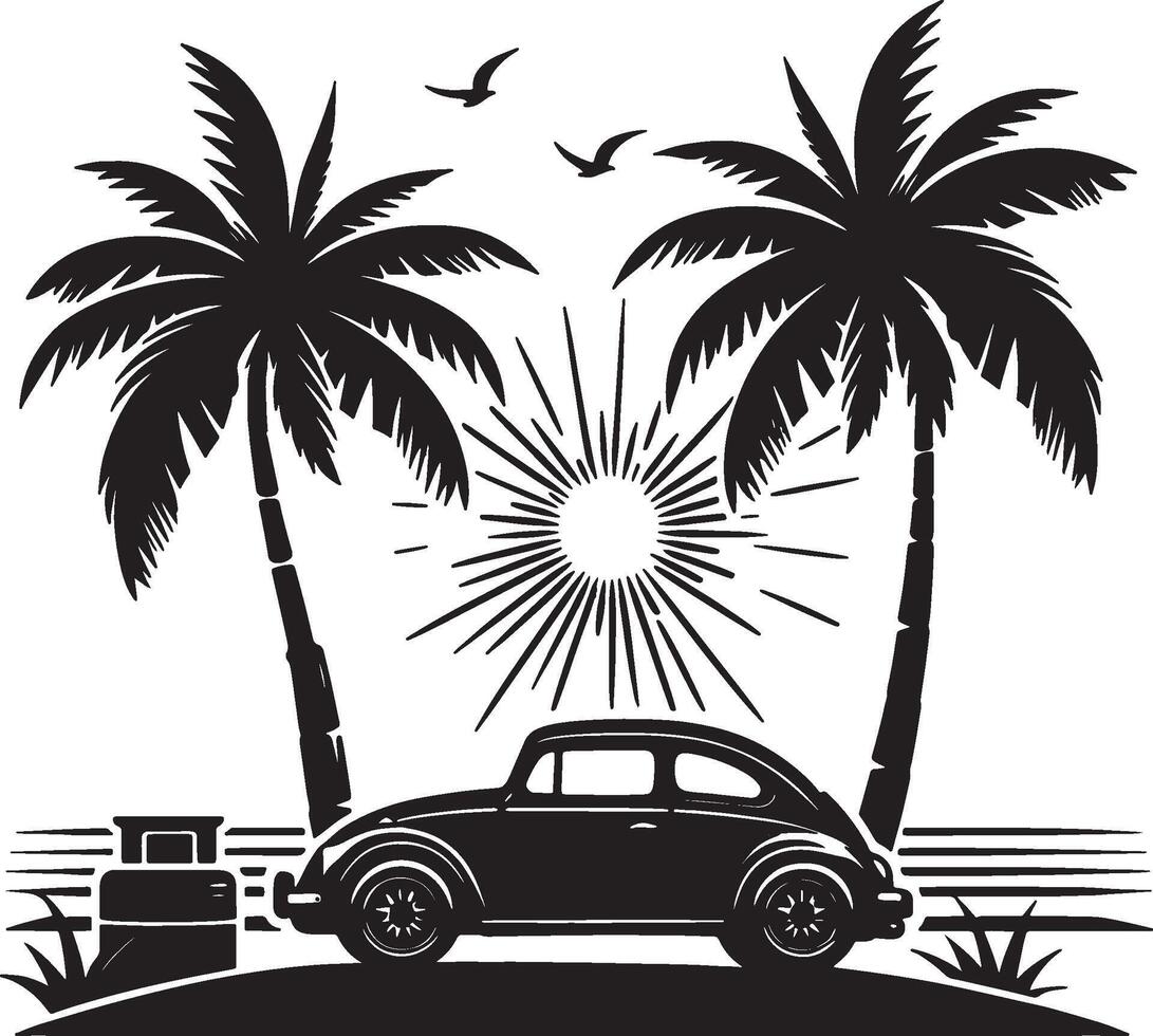 Coastal Drive with Retro Car and Palm Tree Shadows vector