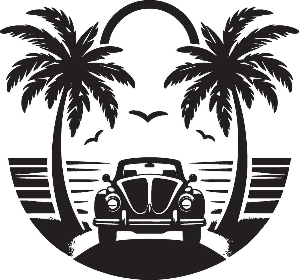 Tropical Beach with Classic Car and Palm Tree Outline vector
