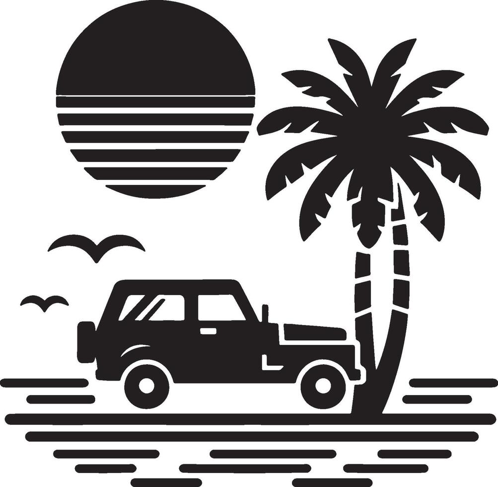 Classic Car Parked on a Beach with Palm Tree Shadows vector