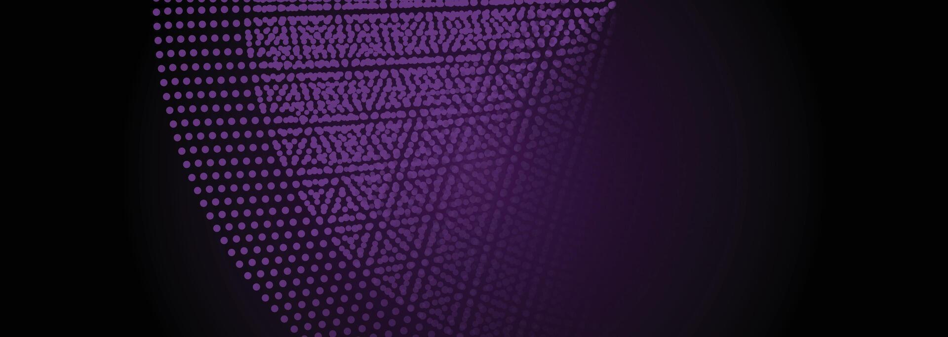 Geometric dark purple, pink gradient background with dotted flowing wave and particles for digital technology and music website design vector