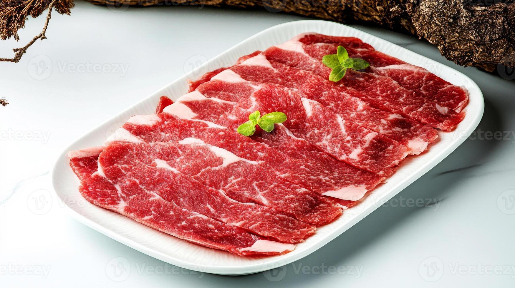 Sliced beef on a white plate with a leaf photo