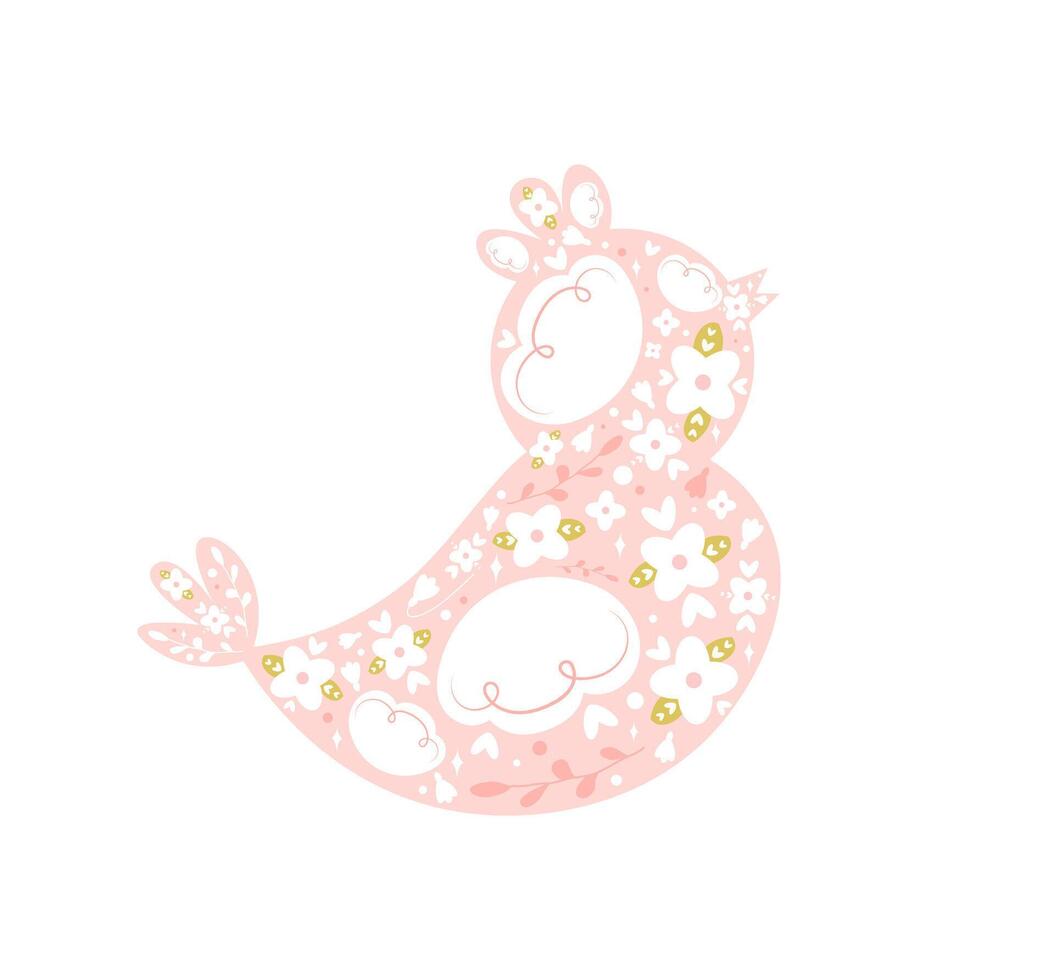 Cute floral Easter chick isolated on white background. Folk style Easter baby chicken or bird with flowers in silhouette vector