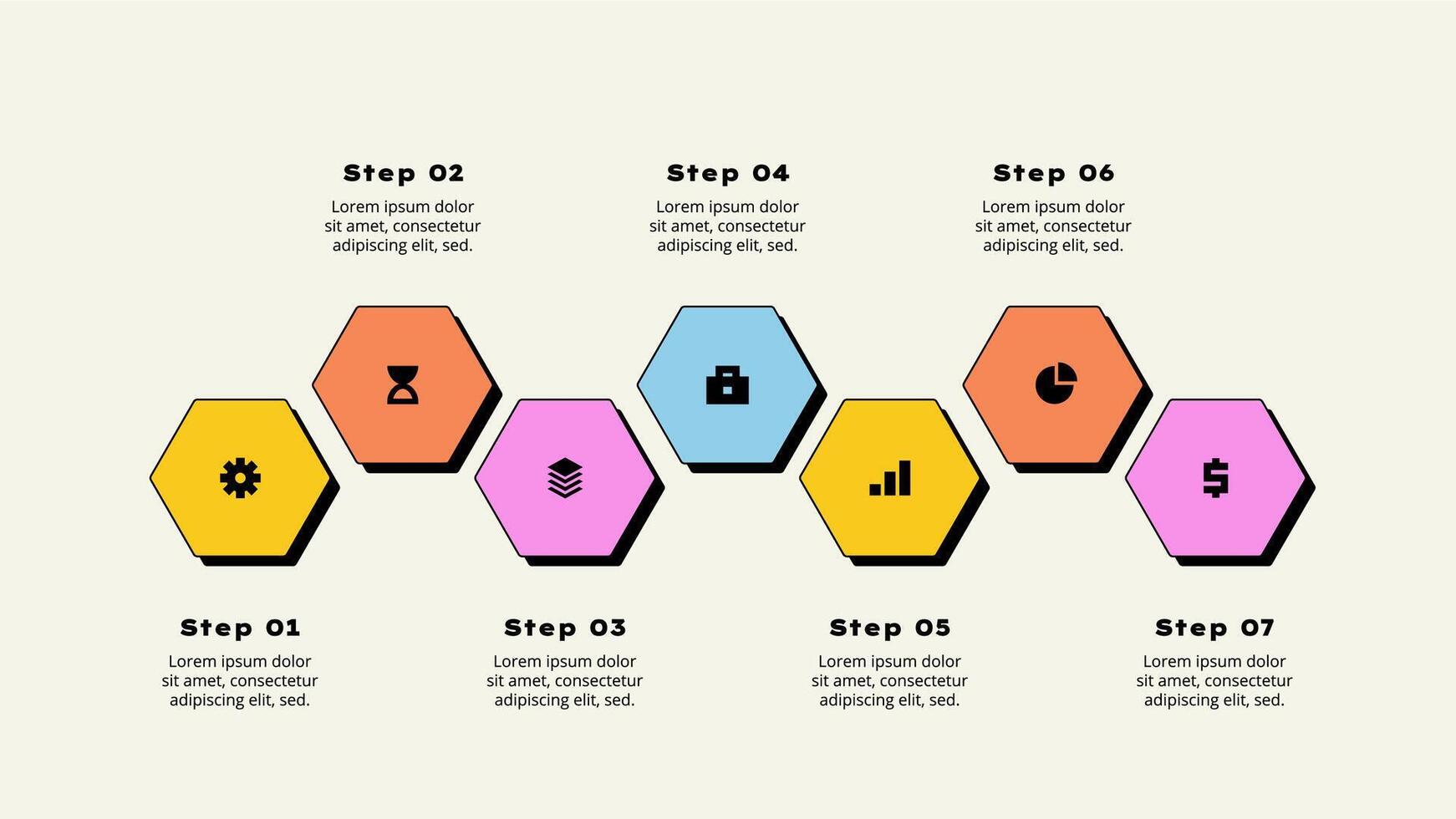 Seven horizontal hexagons elements. Concept of 7 options of business development process. Timeline illustration. Neobrutalism infographic template. vector