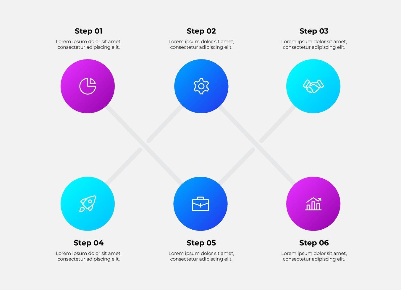 Modern Business Process Infographic Showing Six Steps with Gradient Circles and Icons. Ideal for presentations, business strategy, and showcasing project workflows vector