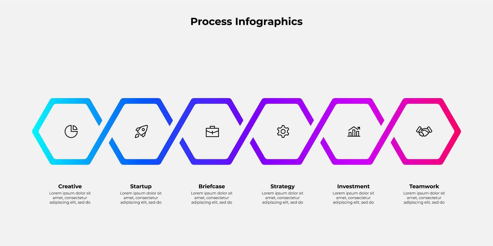 Infographic 6 steps process with hexagons elements, suitable for business, marketing, or academic use in visualizing workflows, strategies, or concise step-by-step instructions vector