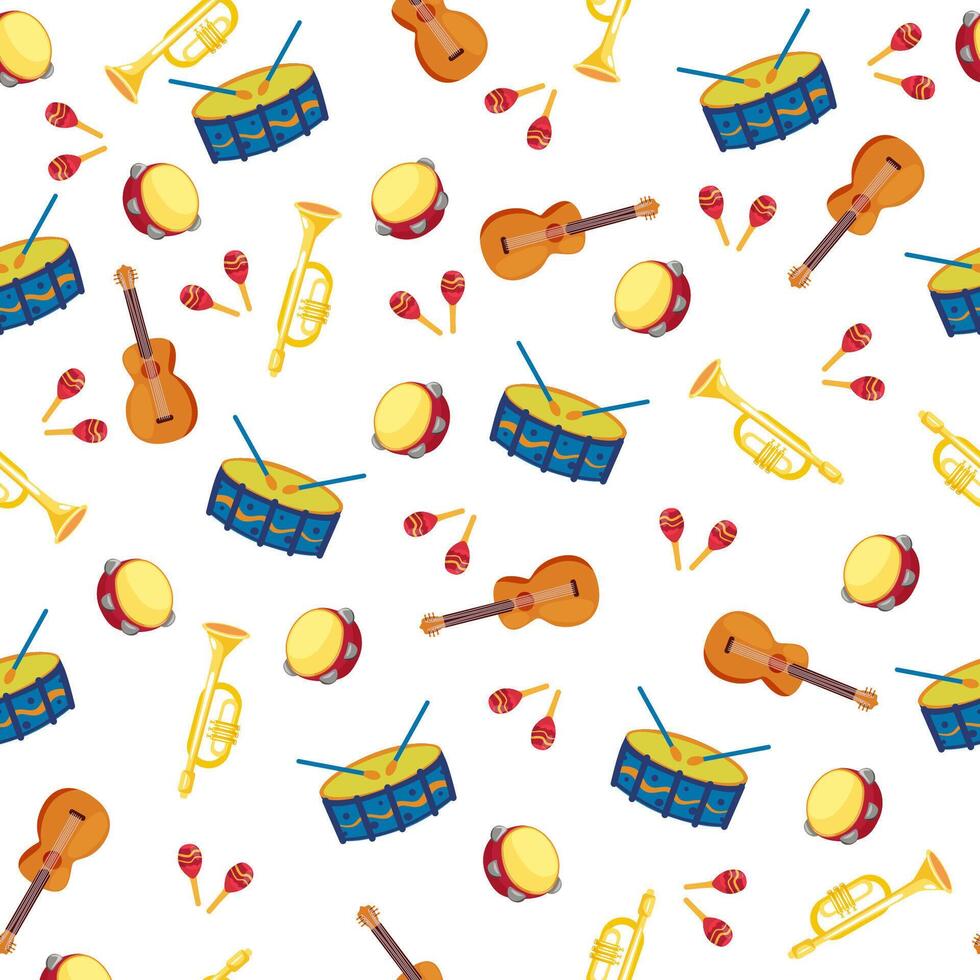 Bright seamless pattern with musical instruments for holidays, street parades and carnivals. Drum, tambourine, trumpet, guitar, maracas. vector