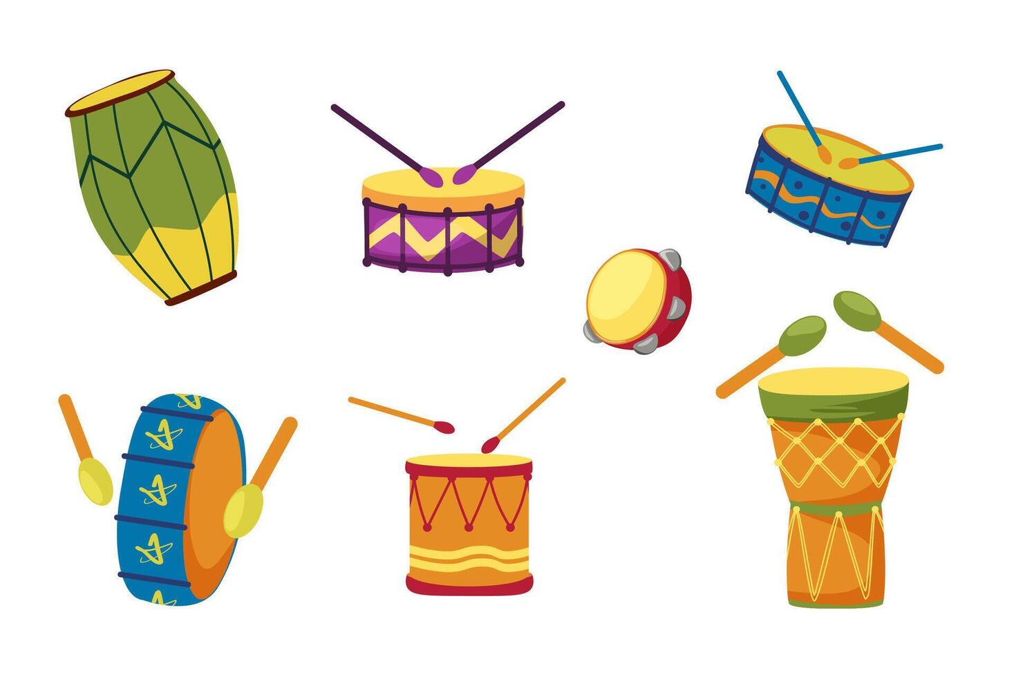 Set of drums for holidays, street parades and carnivals. Collection of percussion musical instruments. vector