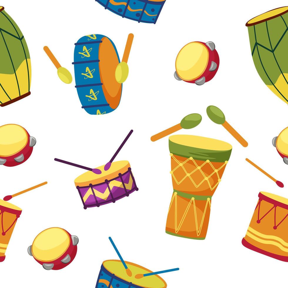 Seamless pattern with colorful drums for holidays, street parades and carnivals. Collection of percussion musical instruments. vector