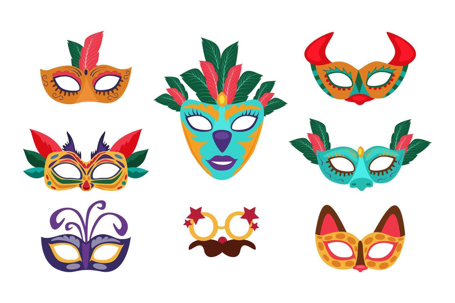 Set of colorful carnival masks. Collection of ethnic elements of carnival costume. for the Mardi Gras holiday. Animalistic masks of a bull and a cat. vector