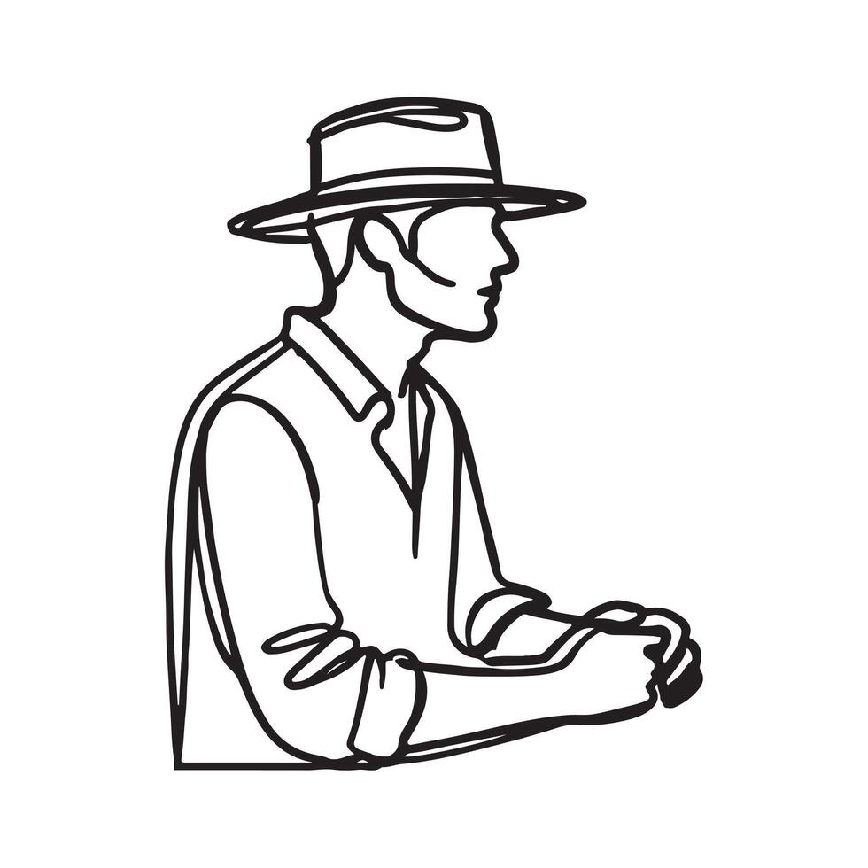 Single one line a man in profile wearing a wide-Black brimmed hat silhouette on white background vector