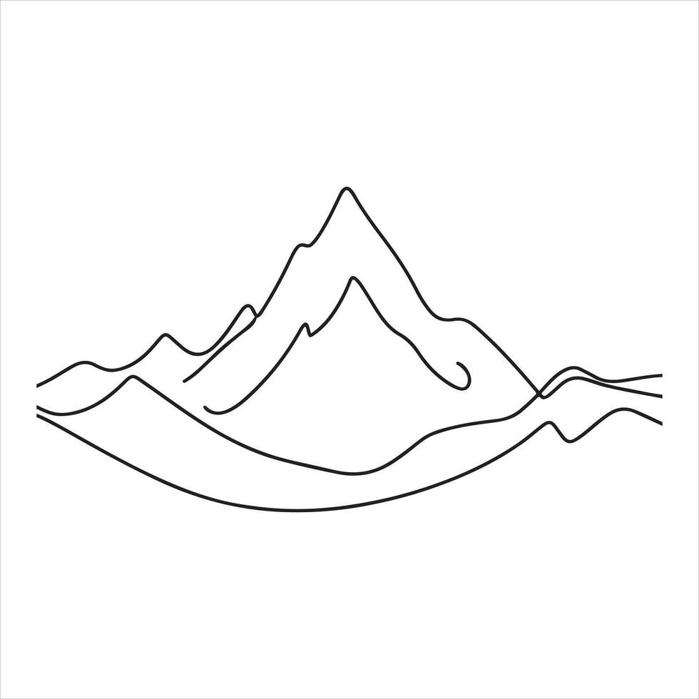 Single one line One continuous line drawing of mountain range landscape silhouette on white background vector