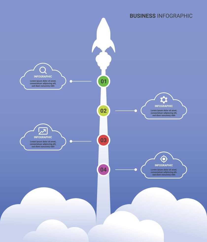 minimalist infographic template with a rocket flying above the clouds and icons for your business, white color design and smooth blue background with four steps vector