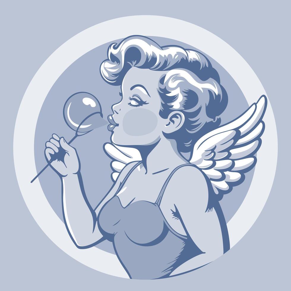 Angel blowing soap bubble Soft blue color. Vintage poster vector