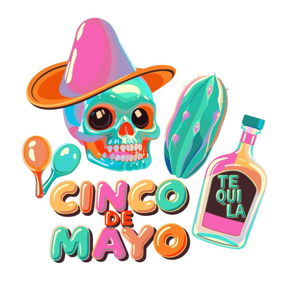 Cinco de Mayo. 5-th of May, Mexican national holiday. set isolated on white background. Skull in sombrero, maracas, cactus and bottle of tequila vector