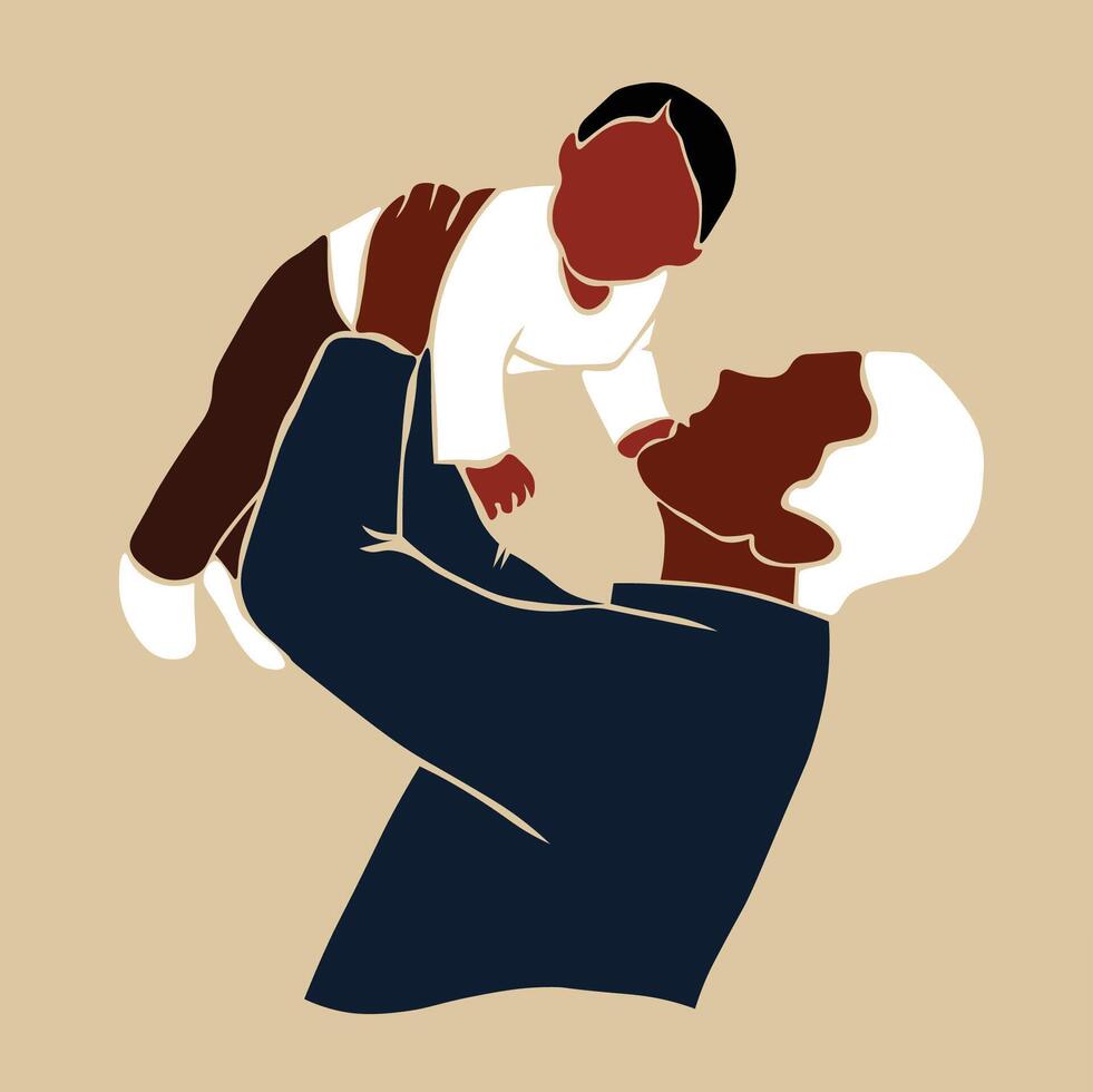Black man lifting up son in line art style vector