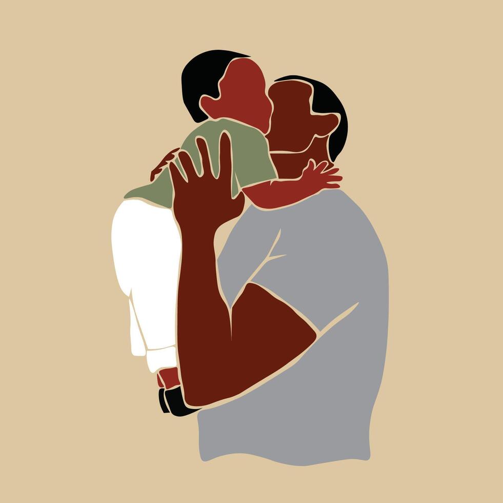 Modern black father carrying baby boy in elegant line art vector