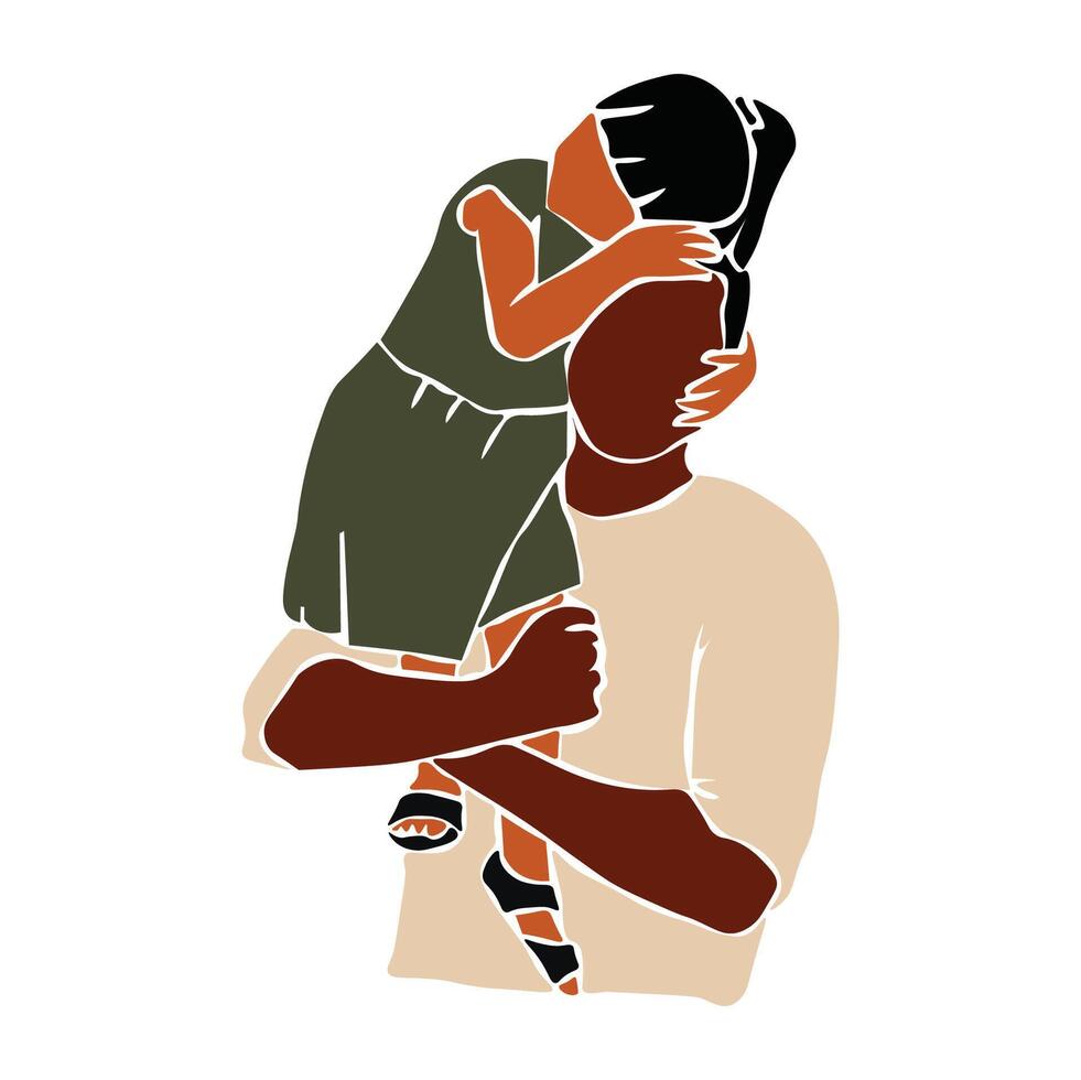 Elegant black father carrying daughter in line art vector