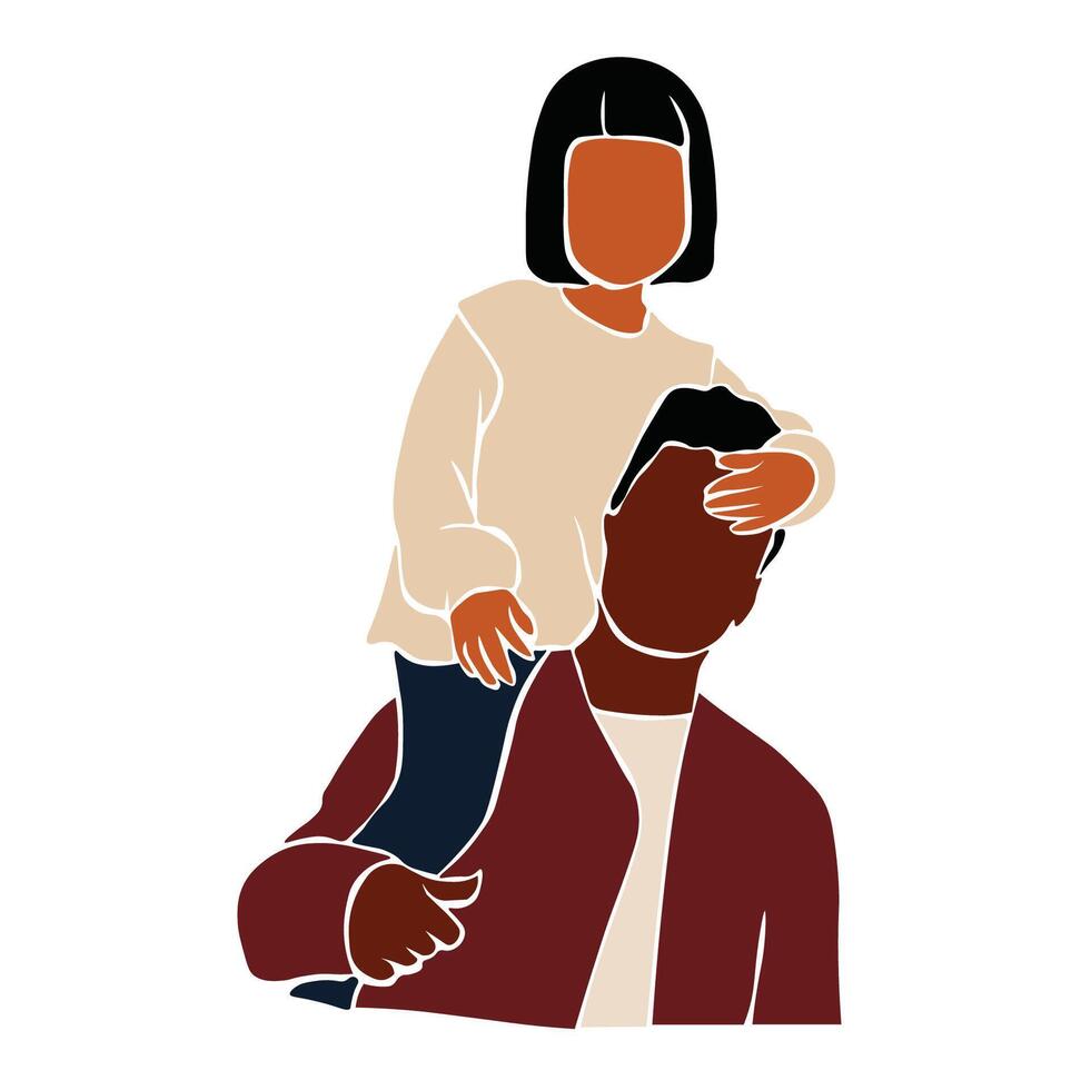 Modern black father carrying daughter in elegant line art style vector