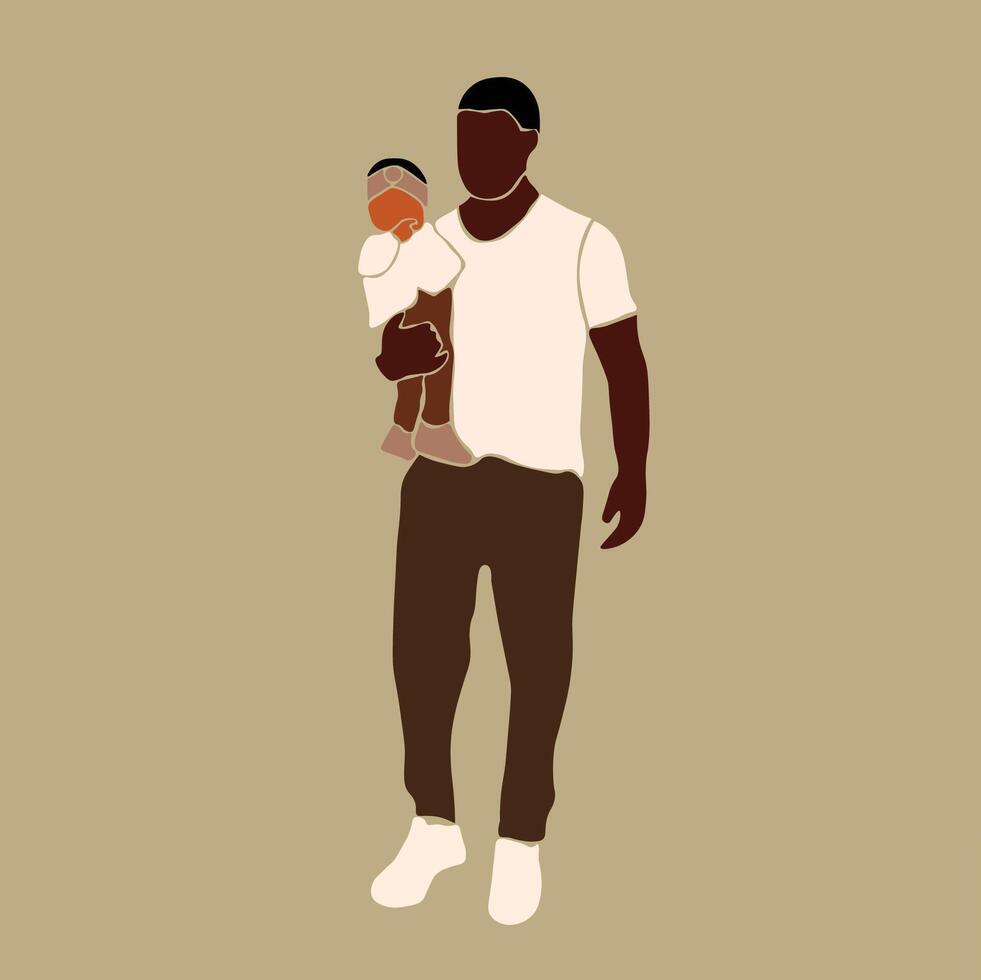 Black man lifting up son in line art vector