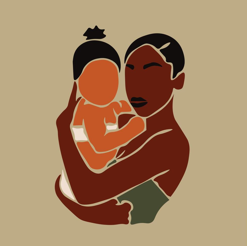 Abstract black mother and daughter in elegant line art vector