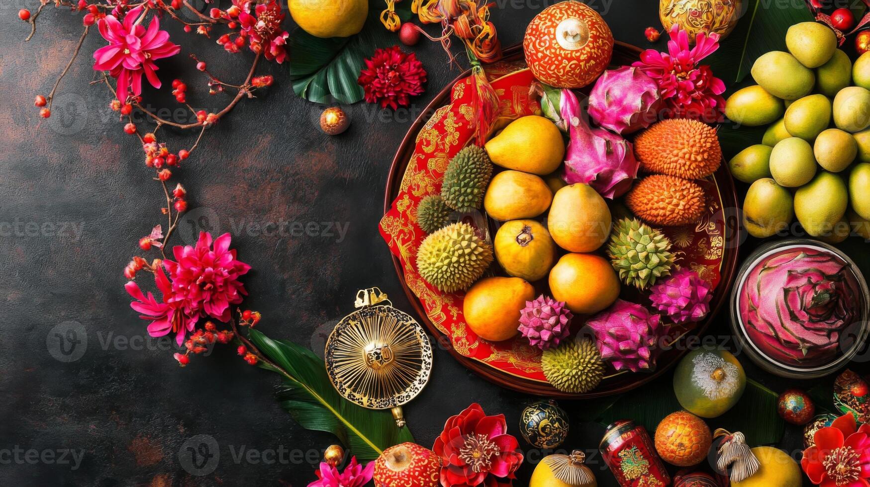 Festive Fruits Flowers and Decorations for Lunar New Year photo