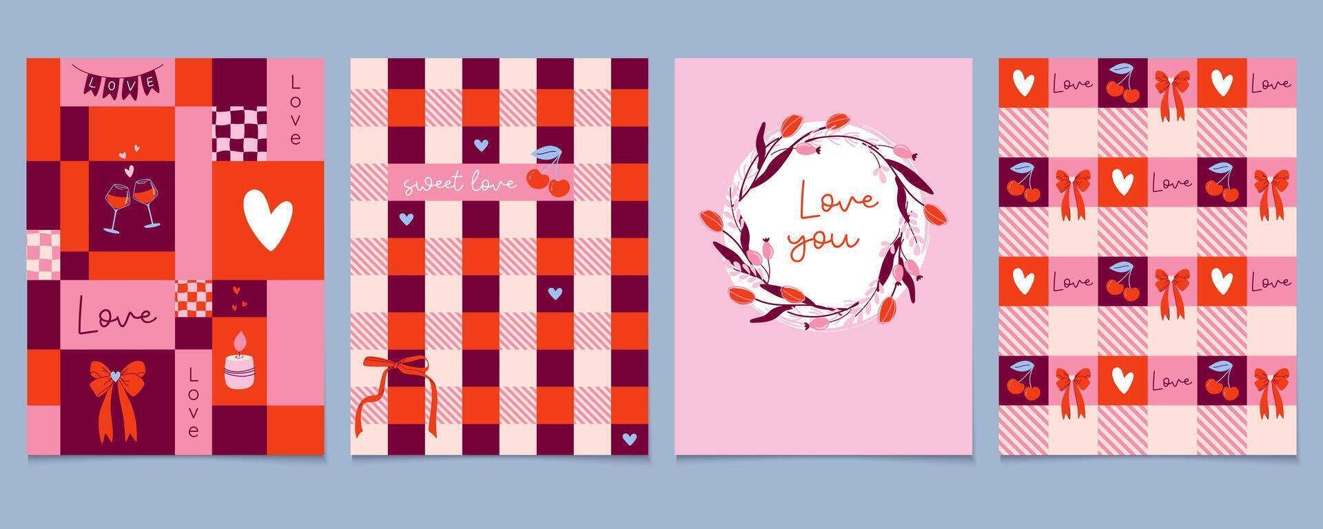 Happy Valentine's Day cards set. Vintage romantic banners. Geometric art design with cherry, hearts, bows, typography, perfect for any occasion. Hand drawn illustrations. vector