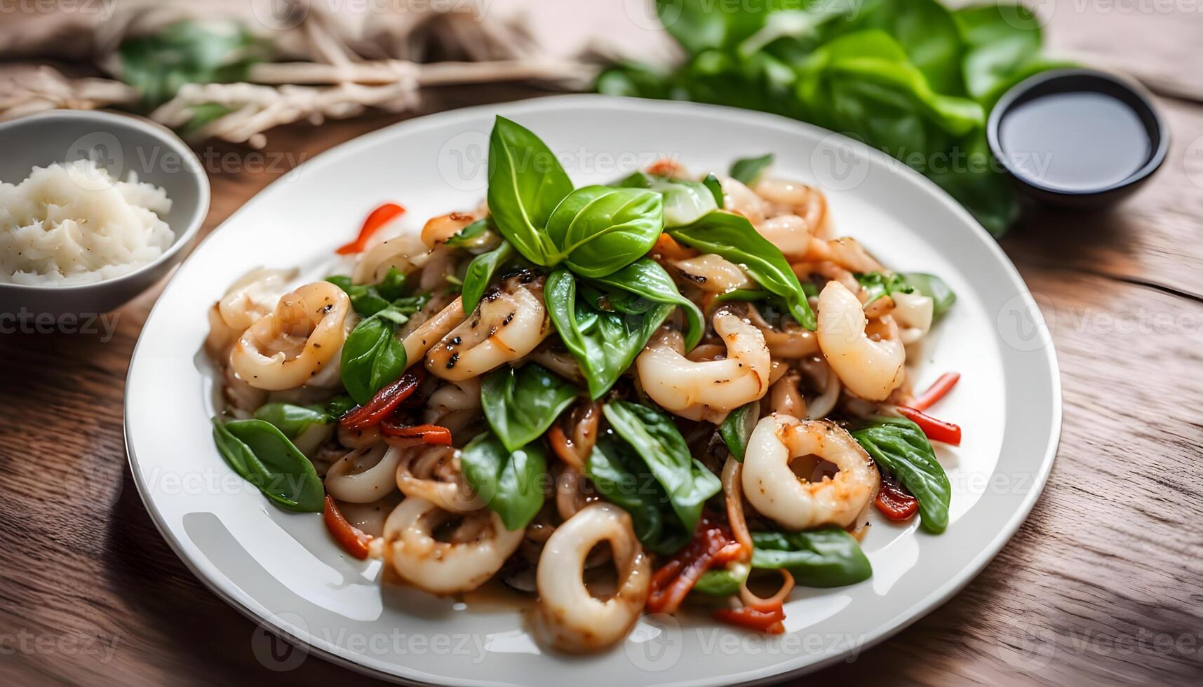 Stir fried Squid and basil on white plate.Fried spicy basil leave with Soft Cuttlefish photo