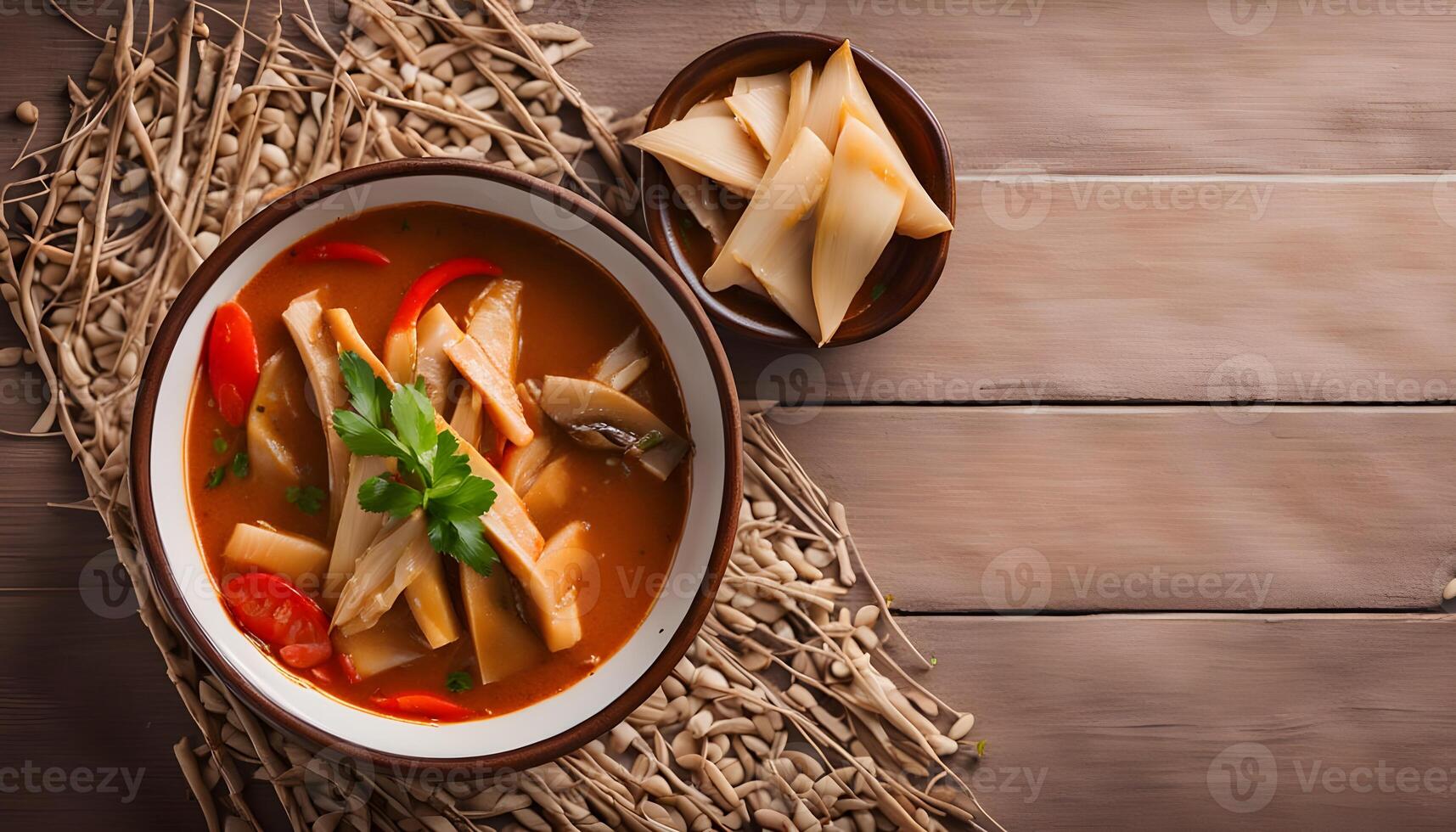 Red curry sour soup preserved bamboo shoot with canned fish in a bowl. Top view photo