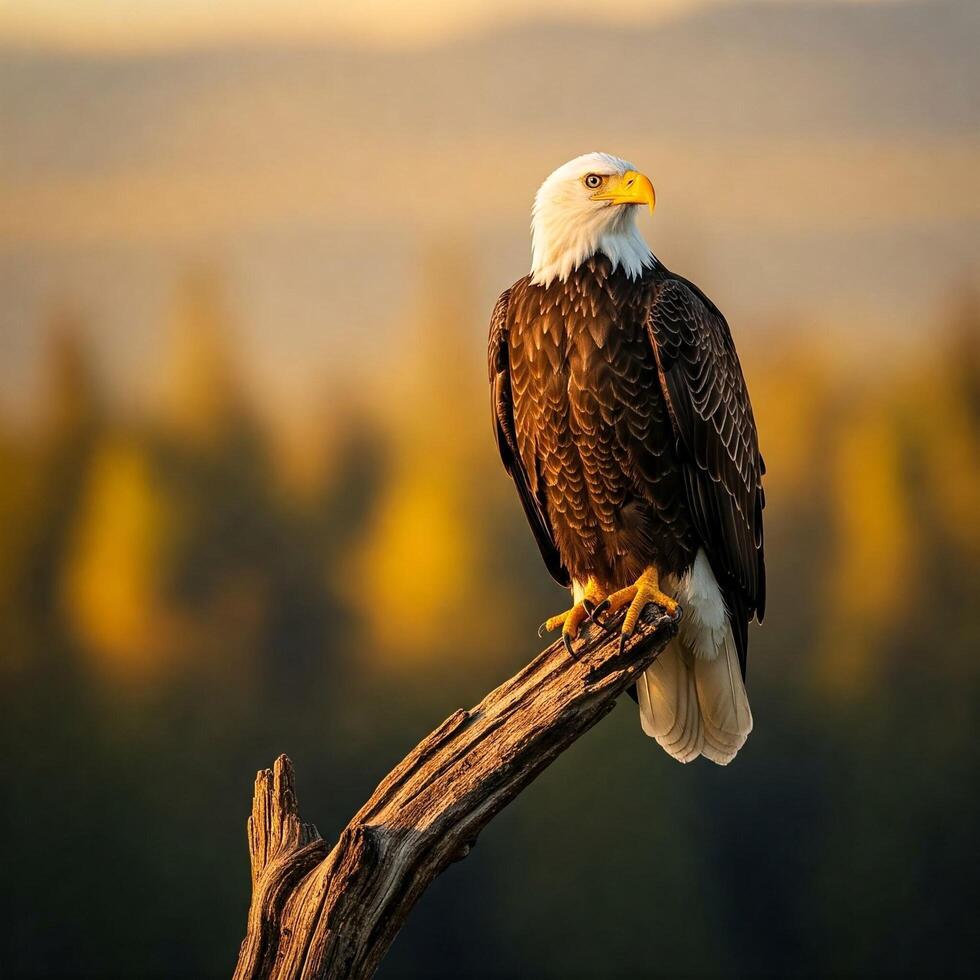 A bald eagle sits on a tree branch in front of a forest photo