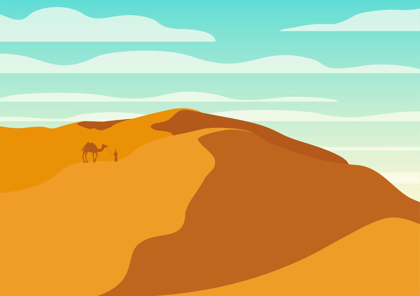 Aesthetic desert landscape dunes illustration. Nomad traveler, Ramadan Kareem on Desert vector