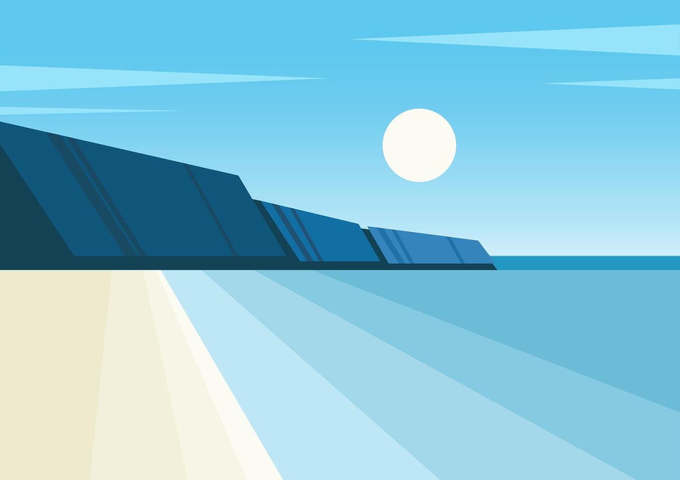 Blue seaside landscape illustration. Seaside with mountains. seaside mountains poster vector