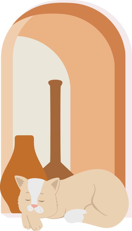 Beige cat in window aesthetic simple illustration. Domestic kitty 2d illustration. Cat life concept vector