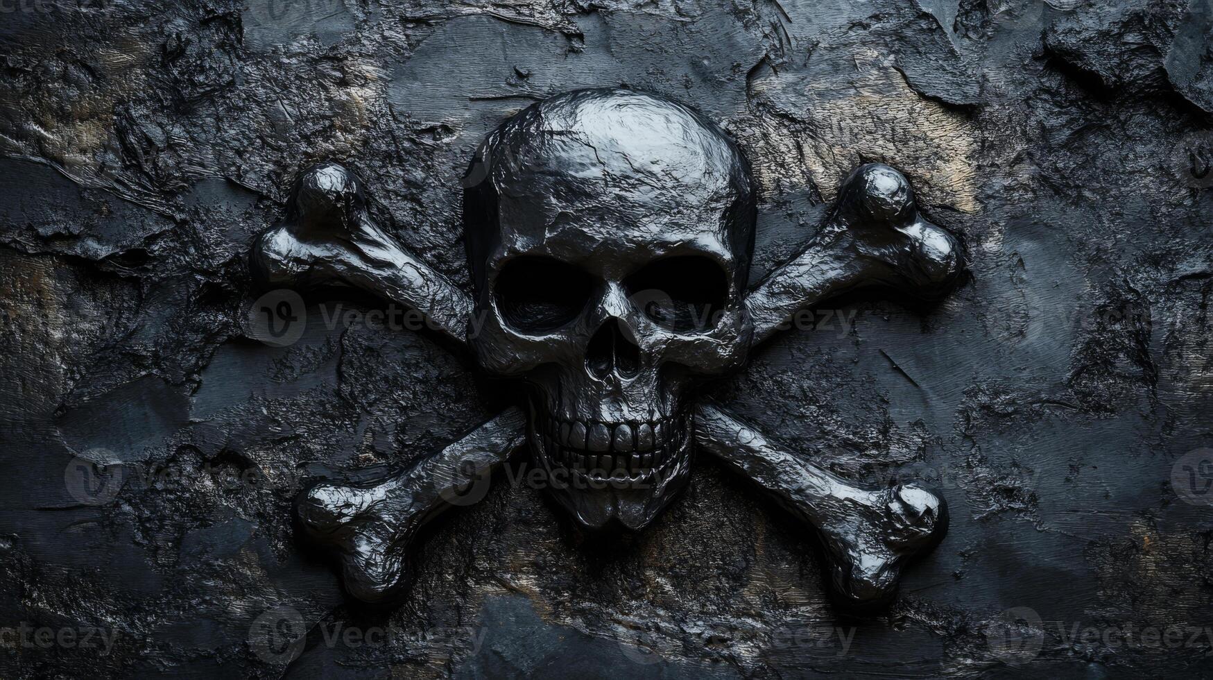 Metallic skull and crossbones carved on dark stone surface photo