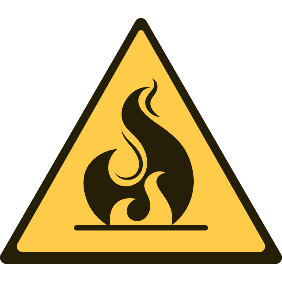 A yellow and black warning sign with a fire png