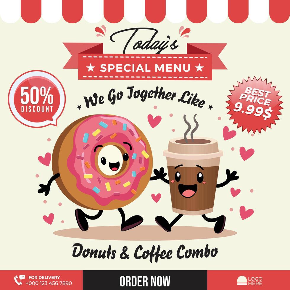 Valentine Day Special Coffee and Donuts Combo offer flyer template design vector