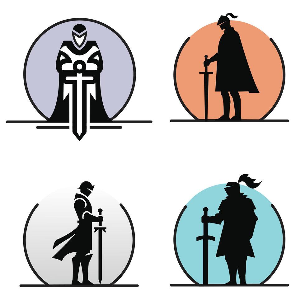 Medieval Knight Silhouettes with Swords in Colorful Circles vector