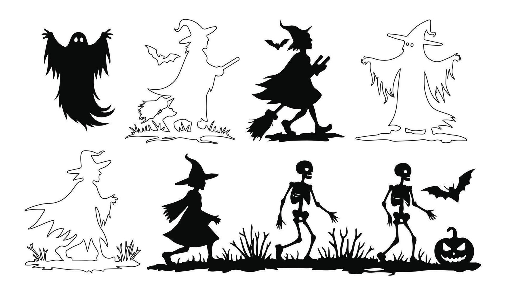 spooky halloween night scene with witches, ghosts, skeletons, and bats in a creepy silhouette bundle, perfect for horror decorations, haunted house designs, and eerie artwork vector