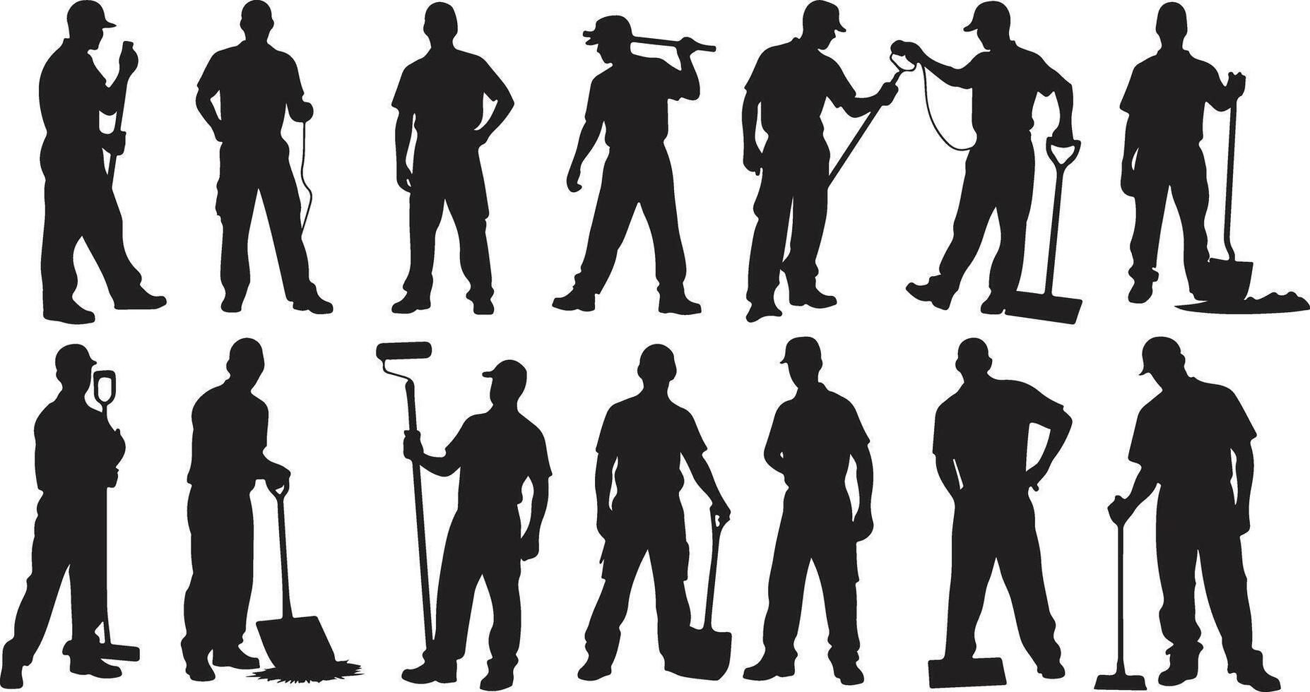 Set of black silhouette workers using tools and performing labor tasks vector