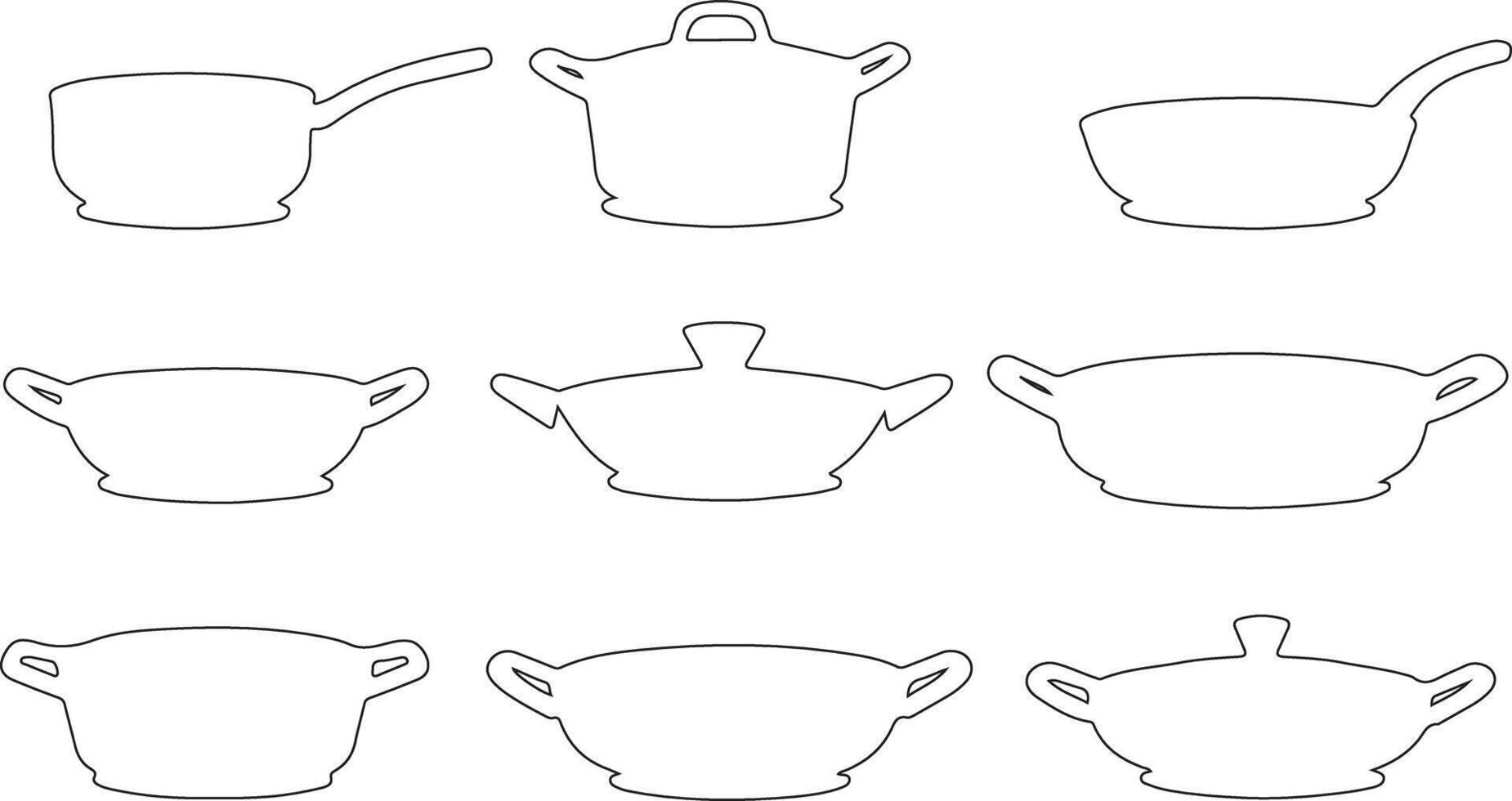 Set of kitchen pots and pans in outline design style vector