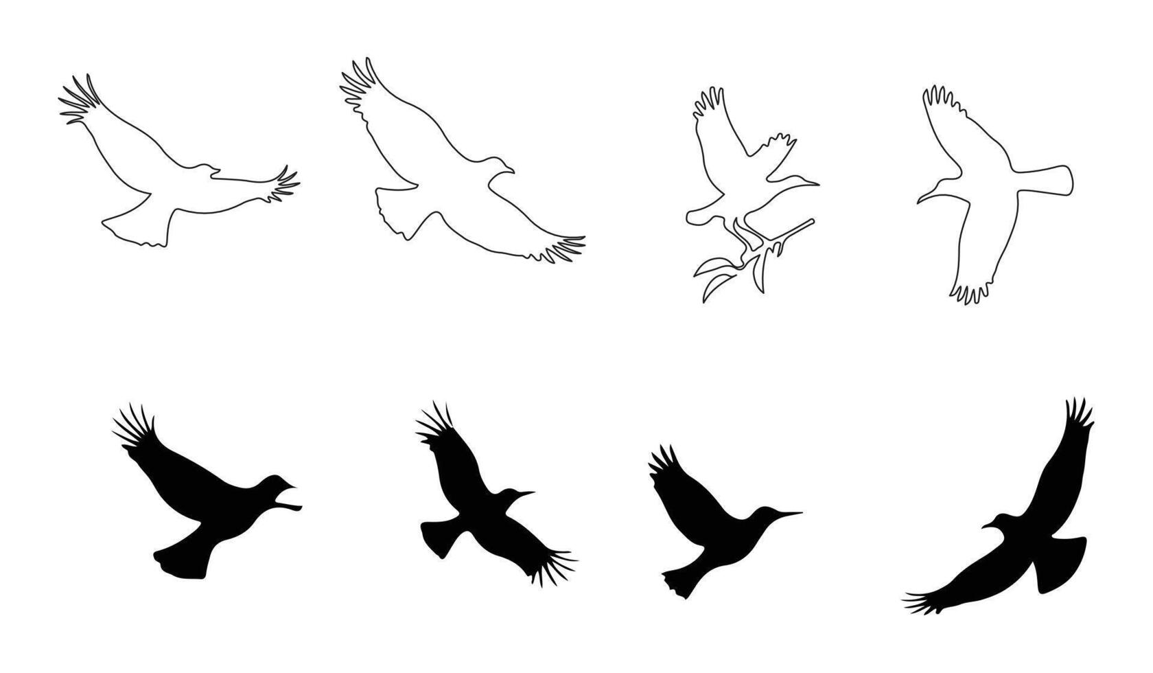 detailed silhouette bundle of birds in flight, featuring various species, perfect for wildlife illustrations, nature artwork, and bird-related creative designs vector