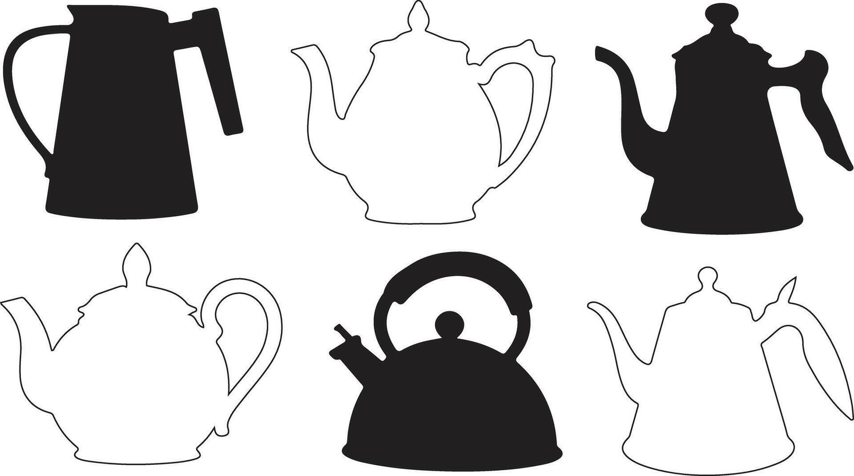 Set of black silhouette teapots and kettles in different poses vector