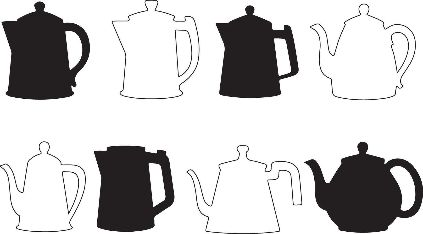 Set of black and white teapots and kettles in various poses vector