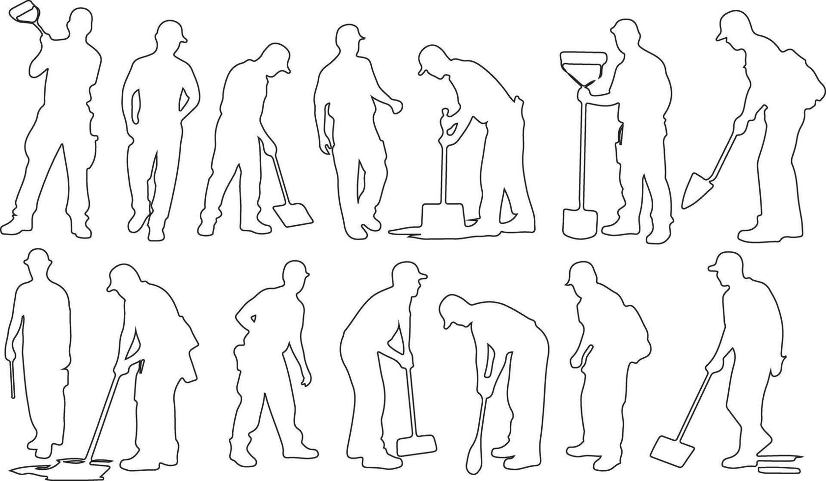 Worker silhouette poses in action with tools and equipment bundle vector