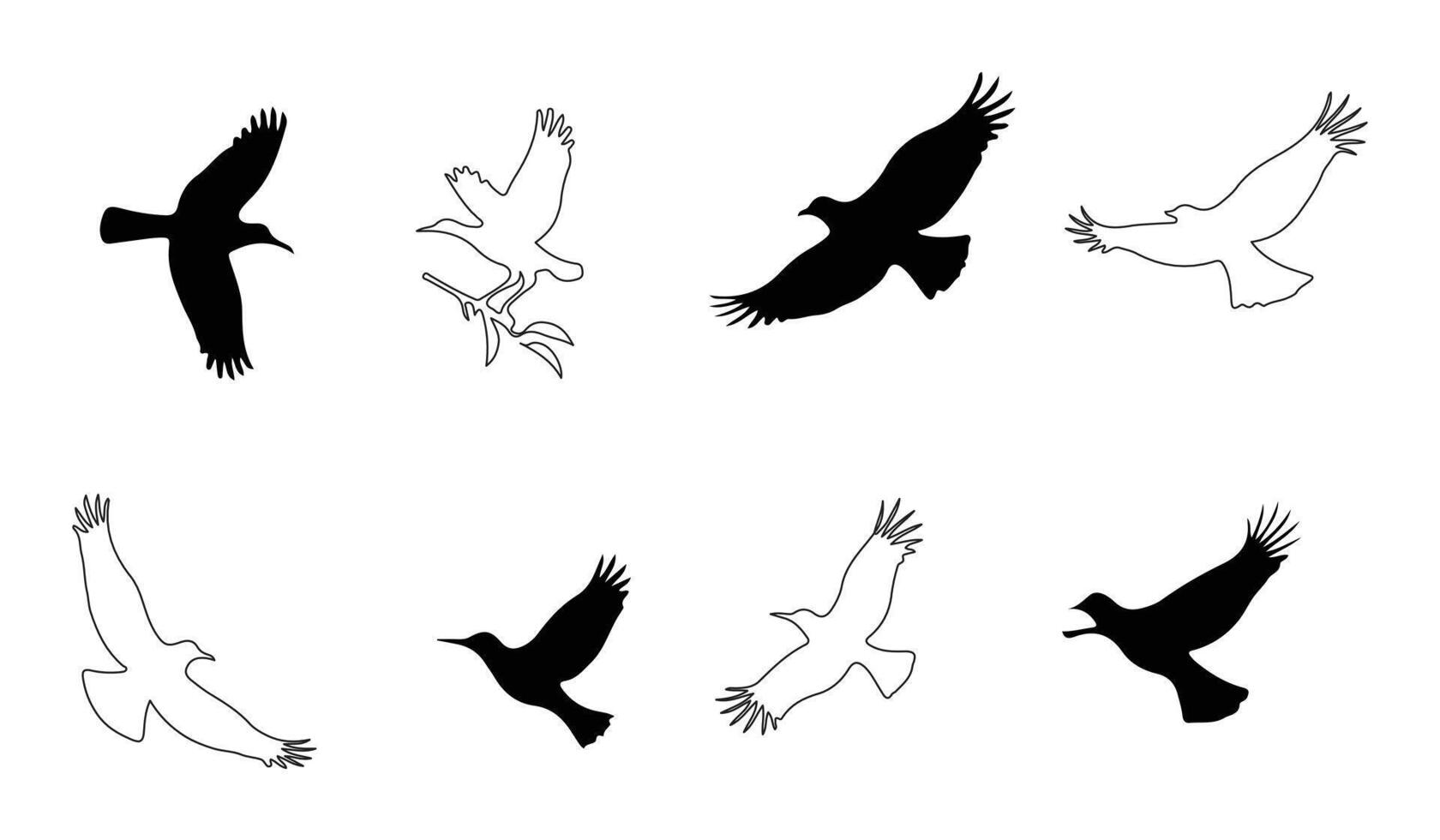 flying birds in various positions in silhouette bundle, perfect for nature-inspired artwork, wildlife designs, bird-watching graphics, and creative avian-themed projects vector