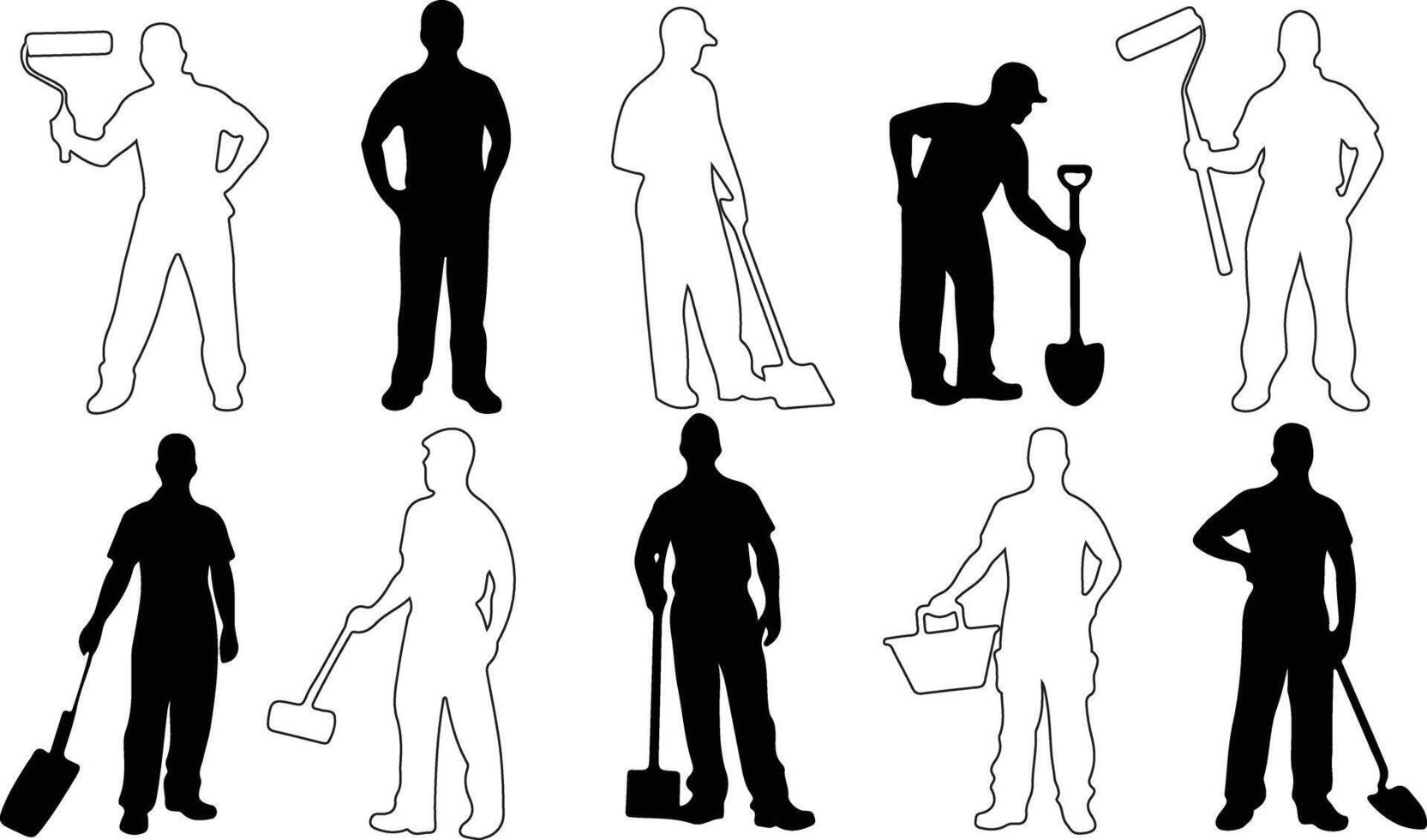 Worker silhouette poses with various tools and equipment bundle vector