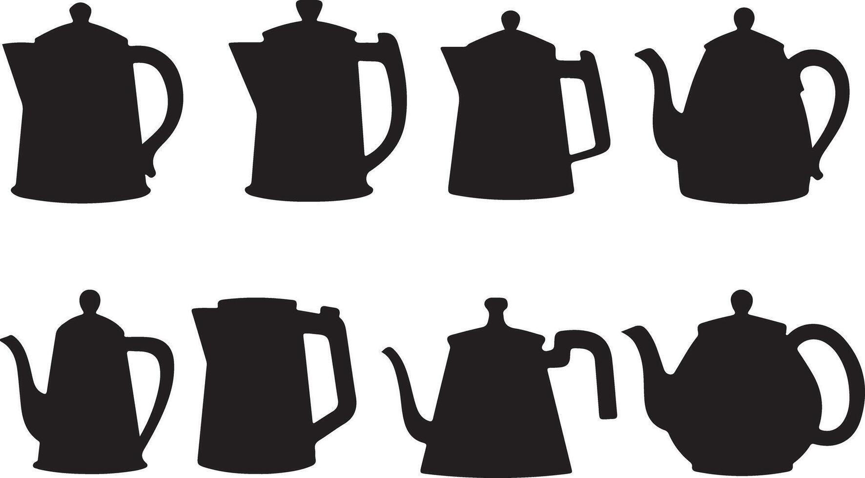 Set of black silhouette teapots and kettles in various angles vector