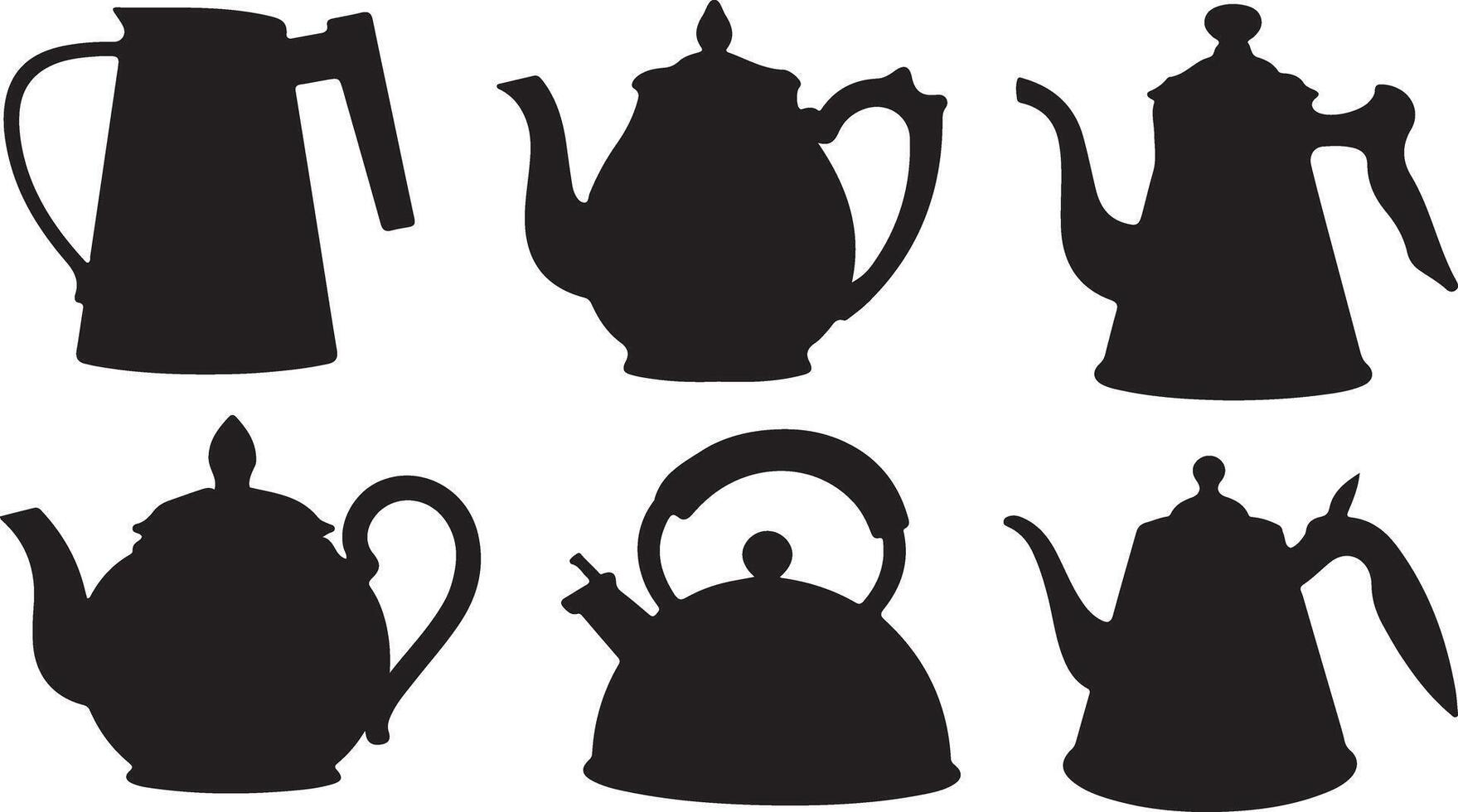 Set of black silhouette teapots and kettles bundle vector