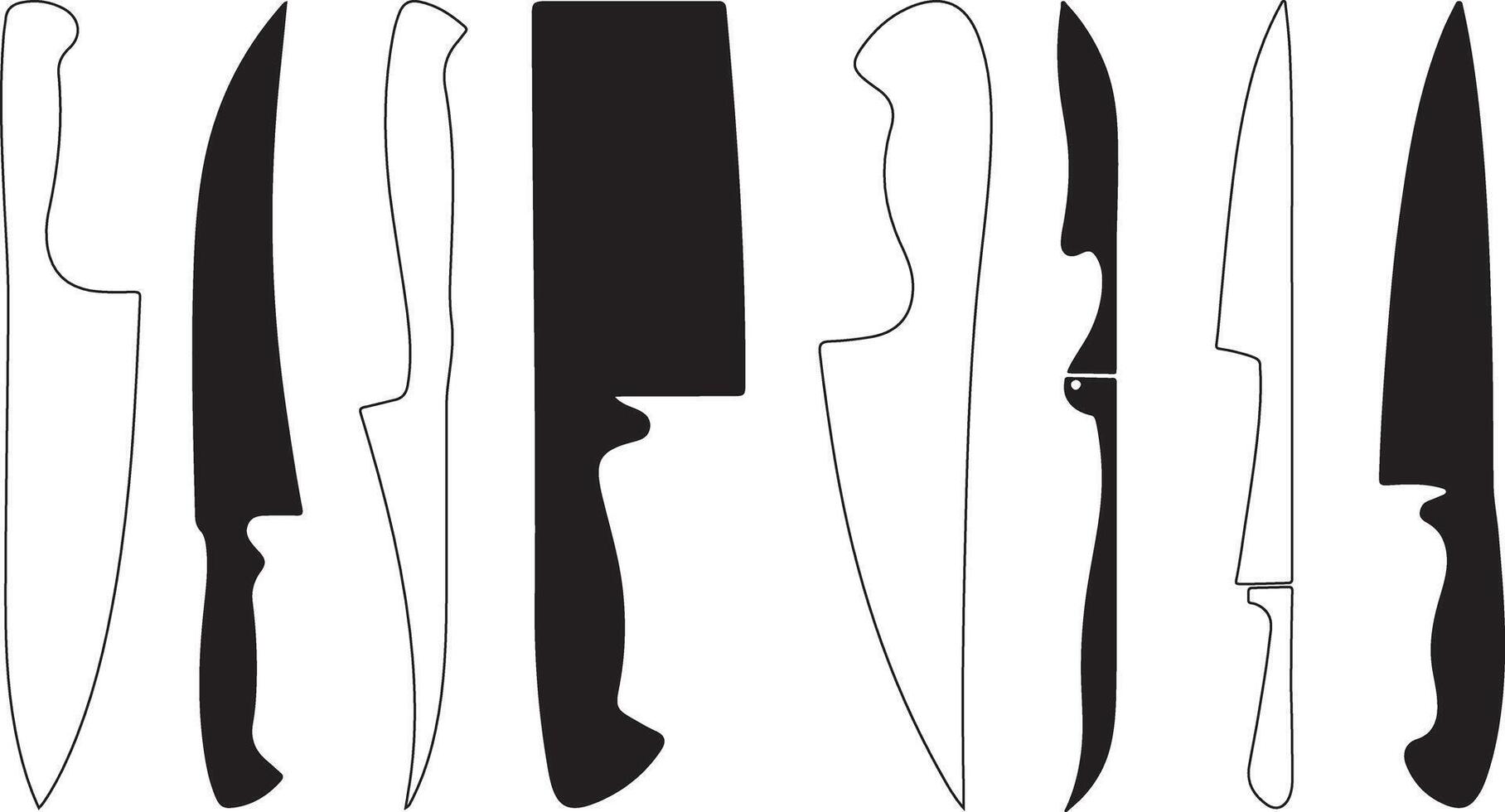 Set of black kitchen knives in different shapes and sizes vector